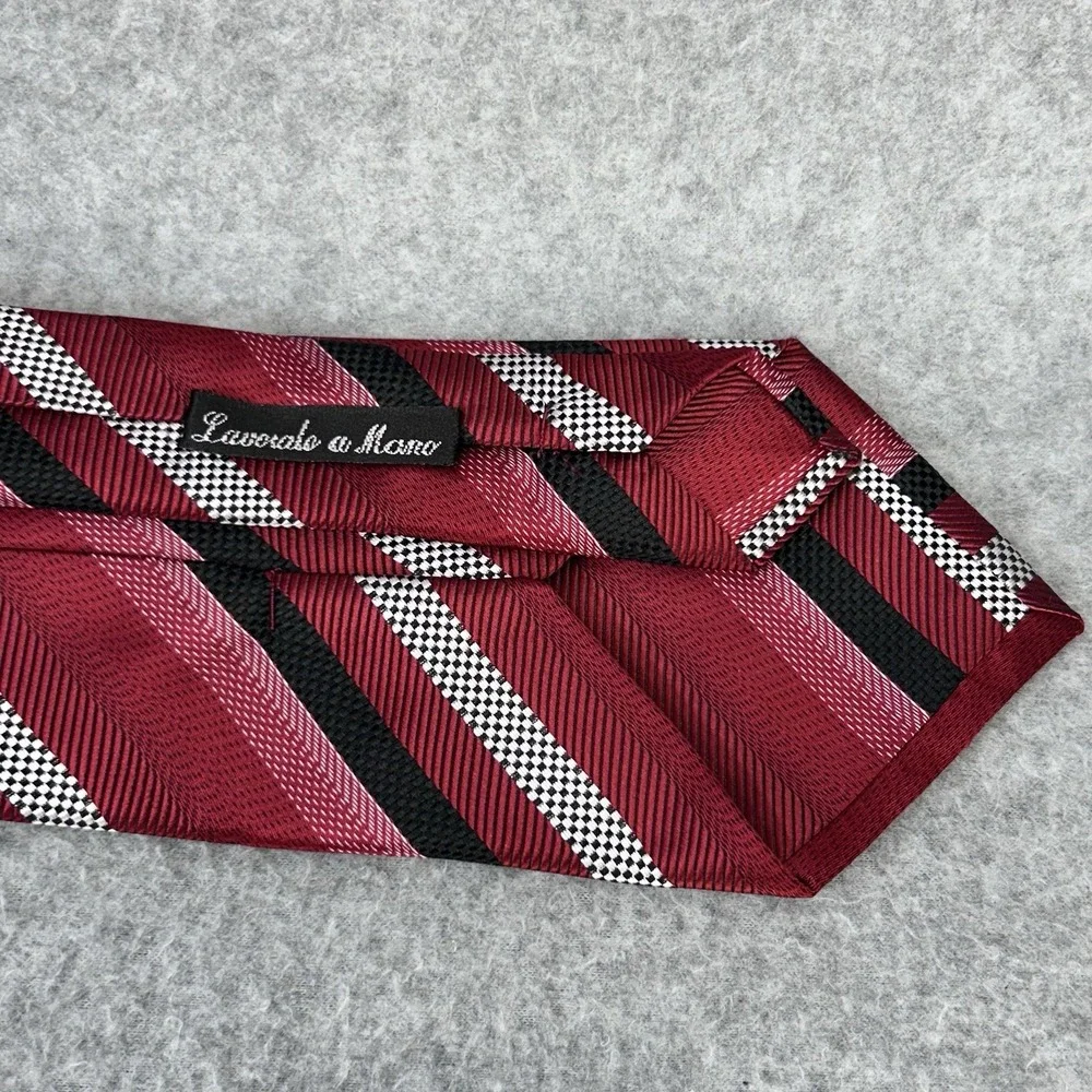 Mens 100% Silk Wide Striped Necktie Red Black White Self Tipped 60